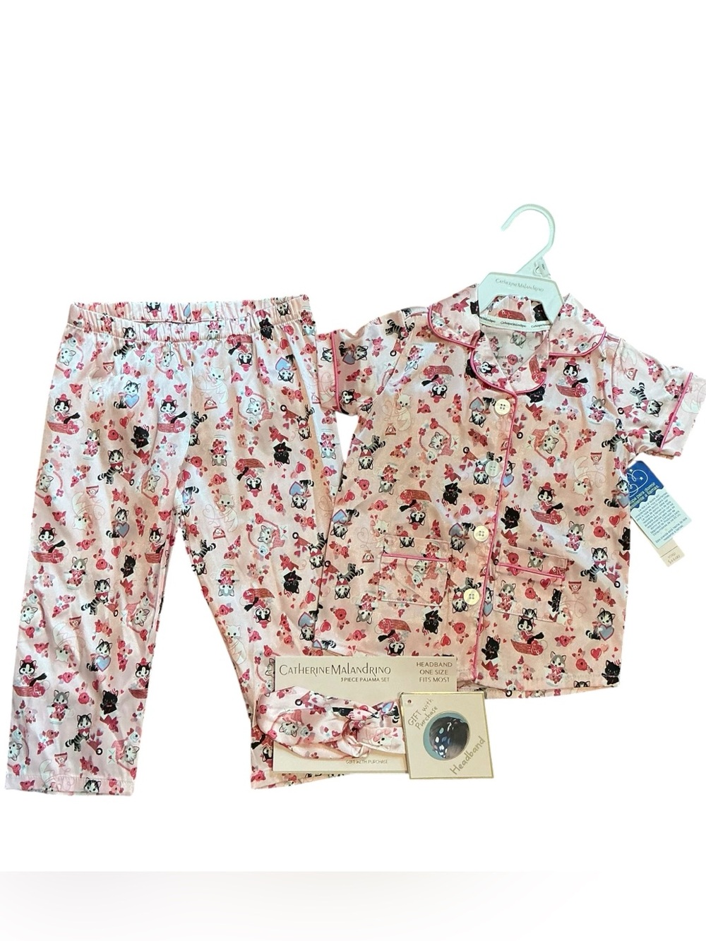 Catherine Malandrino Pink Satin Kids Pajama Set with Matching Headband - NWT